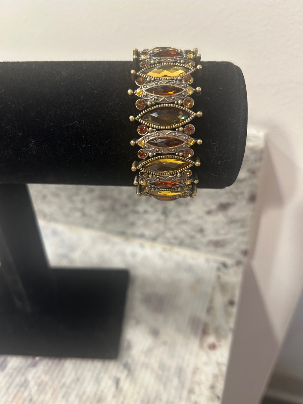 Amber and Smoky Glass Cathedral Window Stretch Bracelet One Size Fits Most EUC